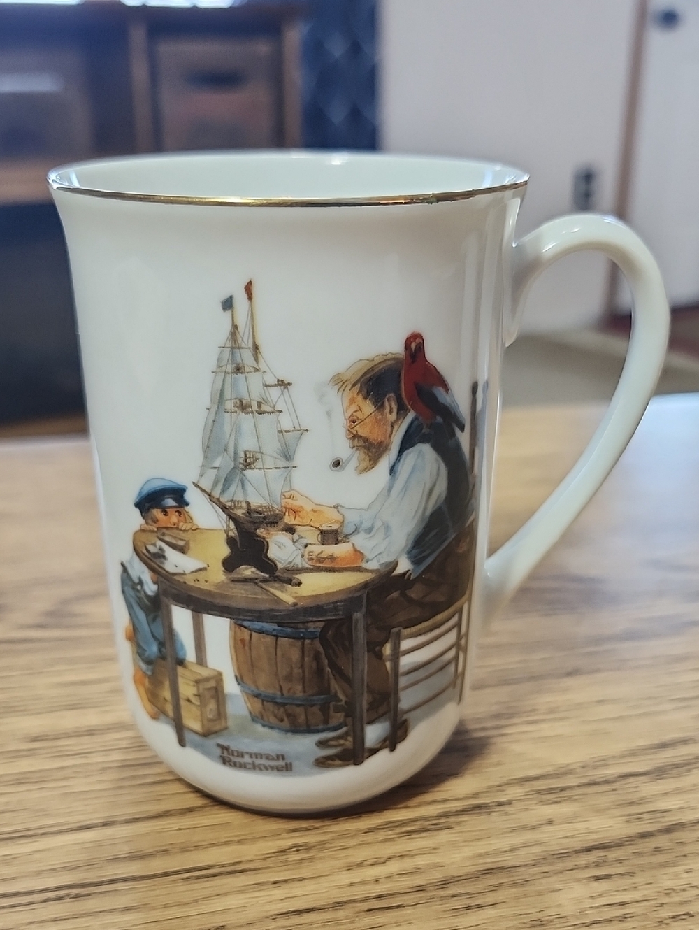 Norman Rockwell Museum Japan White Gold Trim Porcelain Mug Cup Good Boy 1982